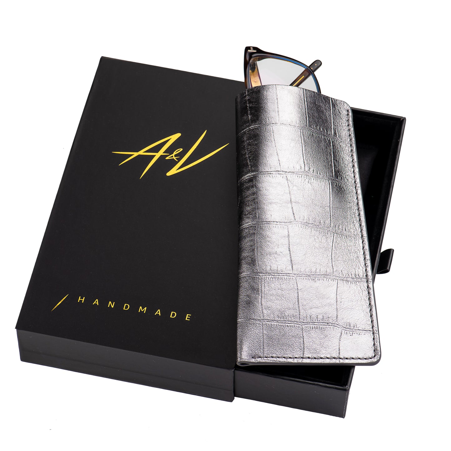 GLASSES CASE ALLIGATOR SILVER RAY MEDIUM