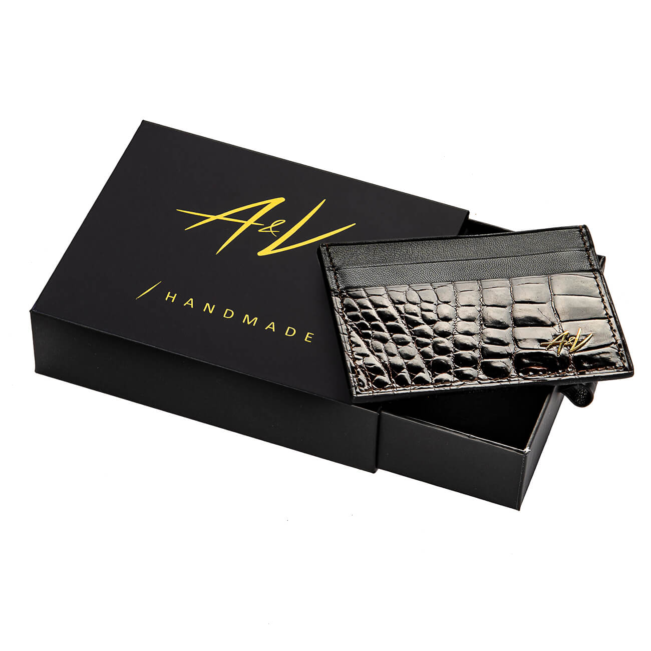 CARD HOLDER ALLIGATOR LACQUER CHOCOLATE